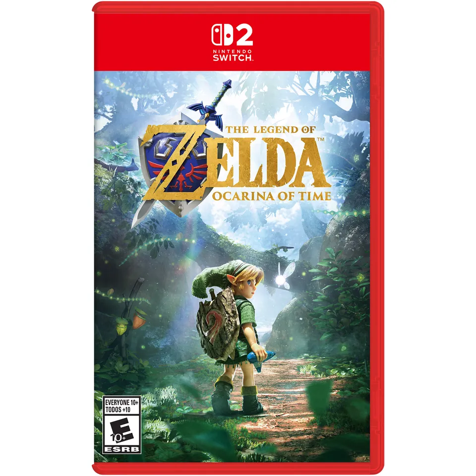 The Switch 2 box for Ocarina of Time, with young Link and Navi on a forest path under the Zelda logo.
