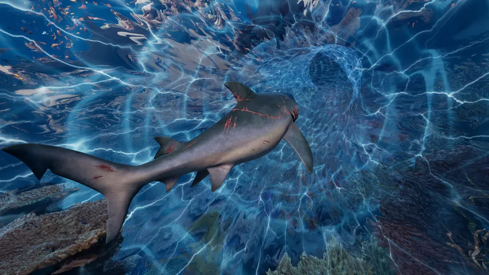 A scarred shark swims past a swirling underwater current in Maneater 2