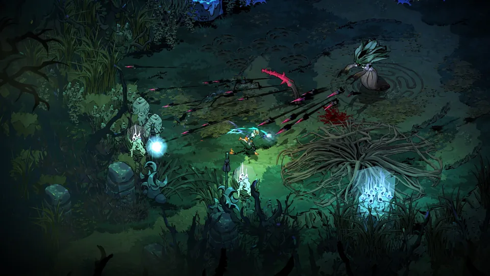 A swampy battlefield at night with glowing green and blue magic around several foes