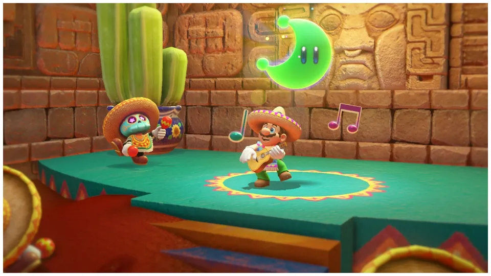 Mario in a sombrero plays a guitar on a stage next to a skeleton musician in Super Mario Odyssey