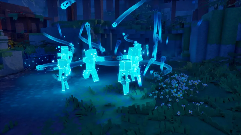 Glowing blue spirit figures swirl through a dark forest clearing at night in Minecraft Dungeons II