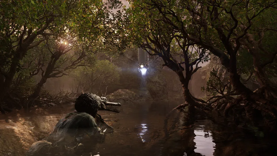 A camouflaged soldier crouches in a swamp under twisted trees in Metal Gear Solid Delta: Snake Eater