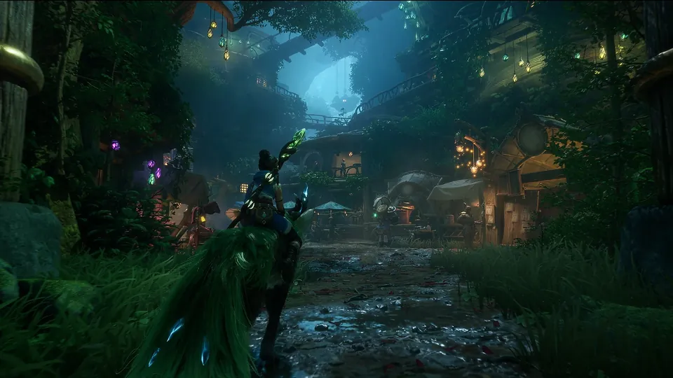 Kena rides a spirit mount down a lantern-lit village street at night in Kena: Scars of Kosmora