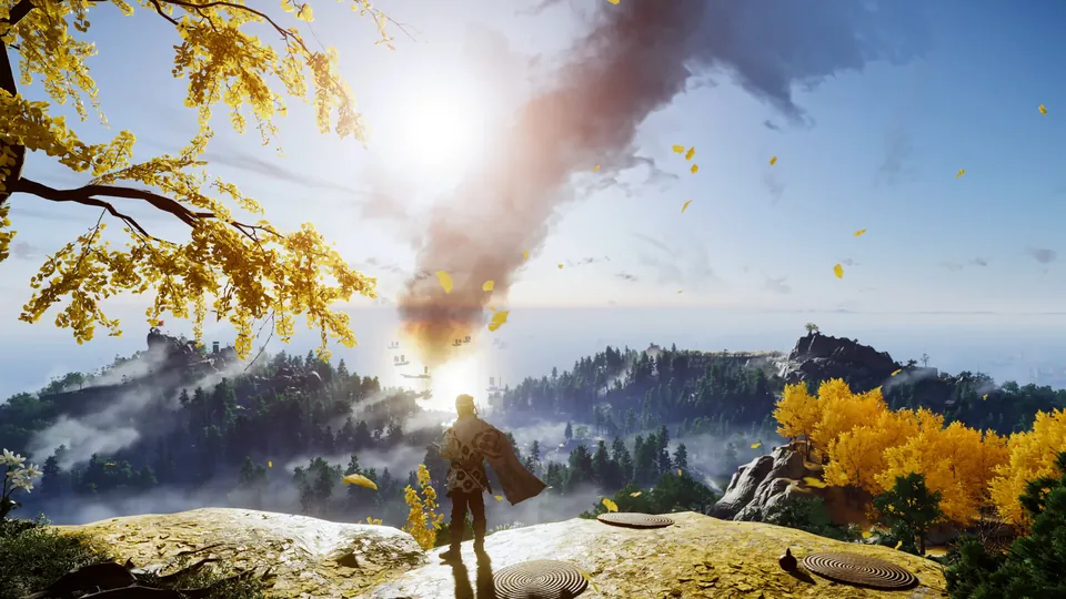 Jin Sakai stands on a sunlit cliff among golden trees as smoke rises over Tsushima in Ghost of Tsushima