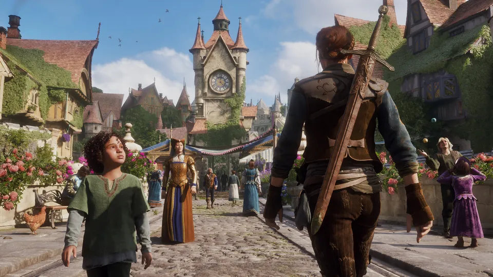 A Fable hero with a sword walks into a busy market square under a clock tower