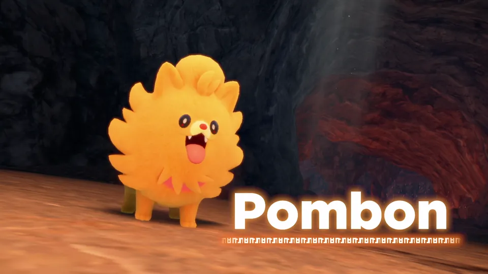 Pombon, the Fire-type Puppy Pokémon, in a cave in Pokémon Winds and Pokémon Waves