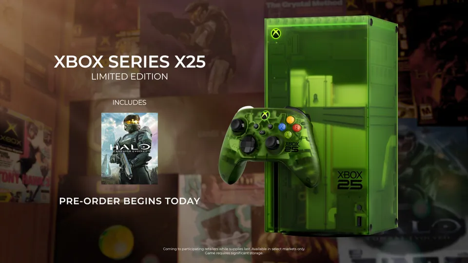 Xbox Series X25 Limited Edition promo showing the translucent green console, the X25 controller and the Halo: Campaign Evolved box art it comes with
