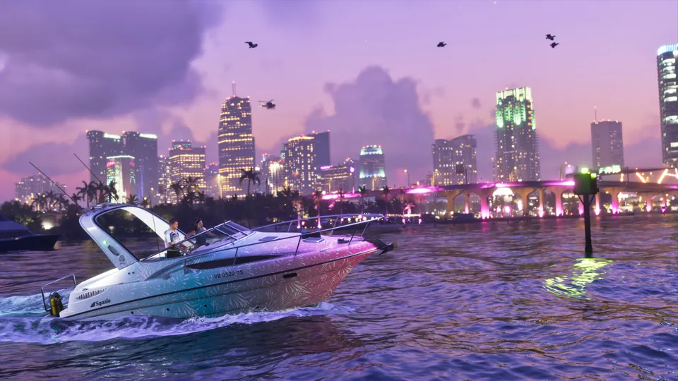 A Squalo speedboat crossing the bay at dusk with the Vice City skyline behind