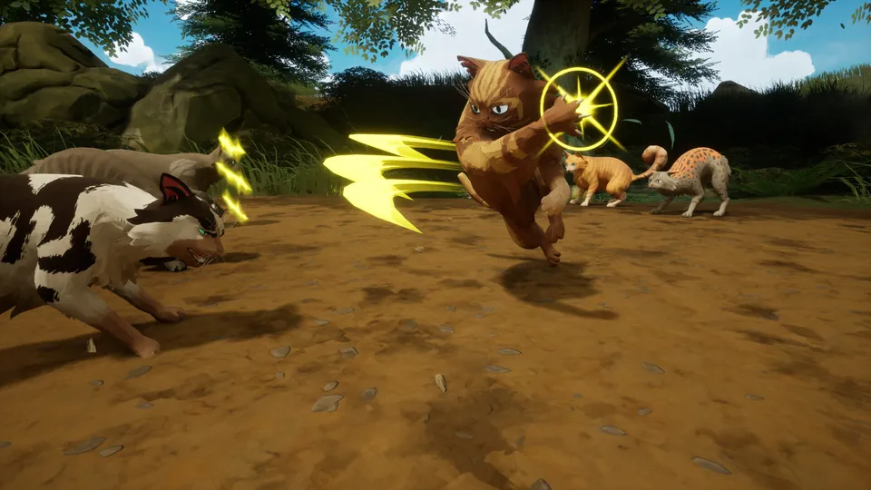 A brown cat lands a glowing strike on a rival during a forest battle in Warrior Cats: Clans of the Forest