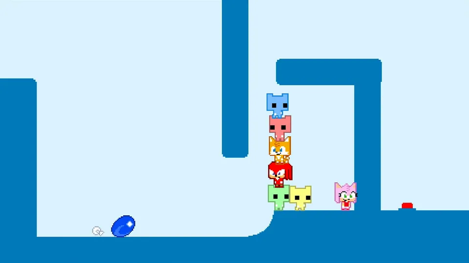 Small square characters in Sonic colors stack up to cross a gap in a blue and white level in Sonic Pico Park.