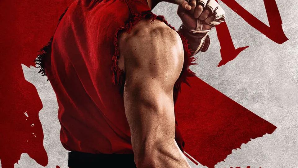 Noah Centineo as Ken Masters in a red gi with taped fists on a Street Fighter character poster