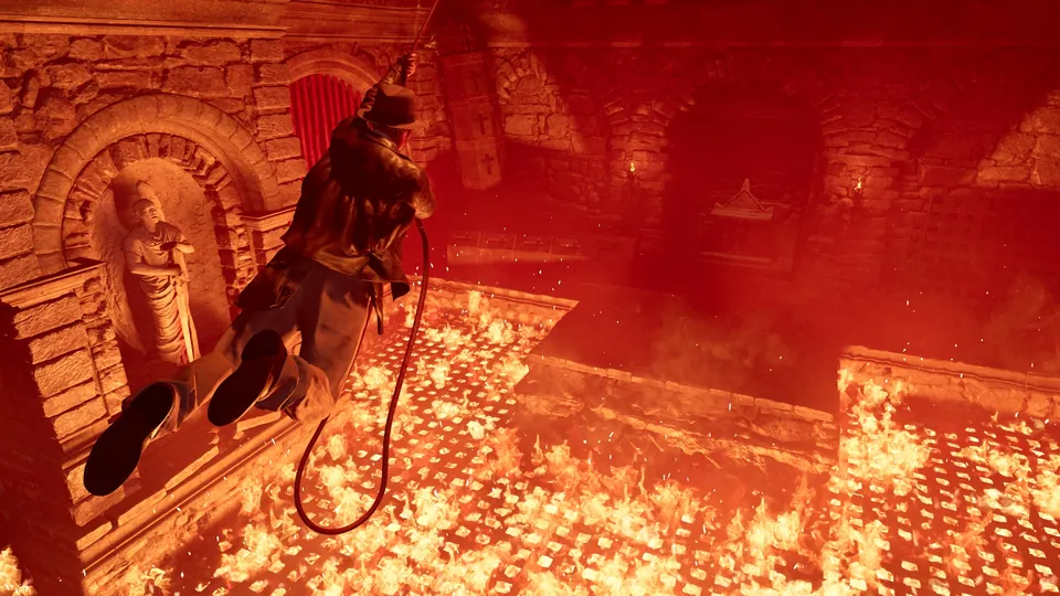 Indy swings on a whip over a floor of fire in a red-lit stone chamber with a statue in a wall niche