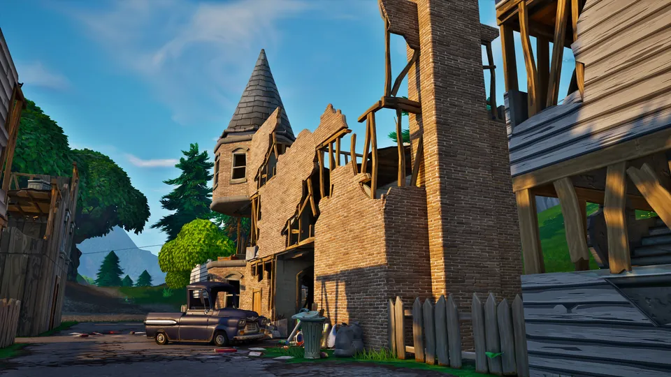 Wooden houses and a parked car on a Fortnite street