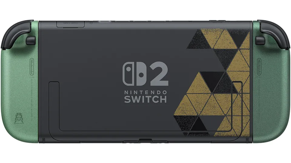 The back of the Zelda edition Switch 2, with gold triangle patterns and green Joy-Con 2 controllers.