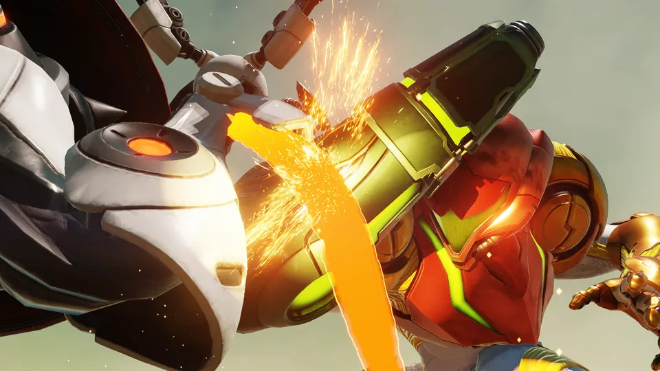 Samus's arm cannon clashes with a white robot in a shower of sparks in Metroid Ravenous