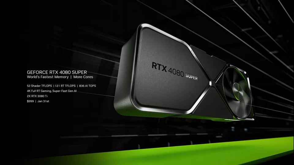 GeForce RTX 4080 Super graphics card with its specs and $999 launch price on a dark background