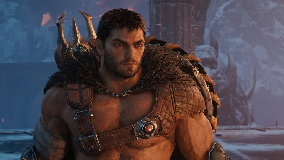 A scarred warrior in fur and spiked armor stands in a snowy, frozen fortress in Doom: The Dark Ages Revelations