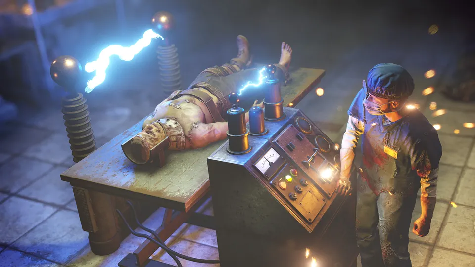 A worker in overalls at a control panel as electric arcs crackle over a stitched body on a laboratory table