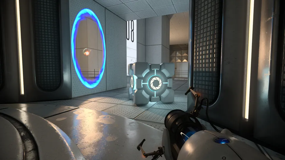 A blue portal and a companion cube in a ray-traced test chamber in Portal with RTX