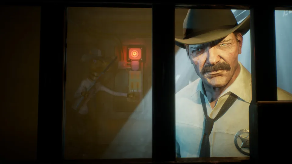 A man in a hat and tie stares through a window in Judas