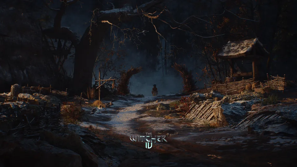 A lone figure walks a snowy path toward a village shrine in The Witcher 4 reveal trailer