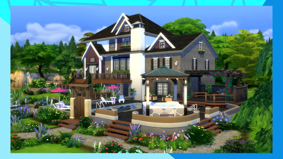 A large white family home with a gazebo, deck and flower garden in The Sims 4
