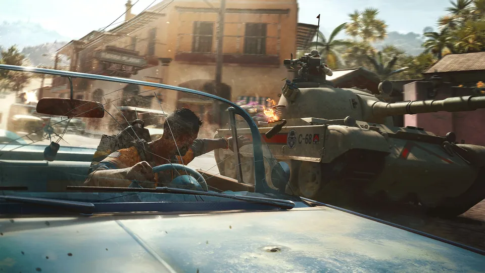 A driver races a convertible past a tank on a town street in Far Cry 6