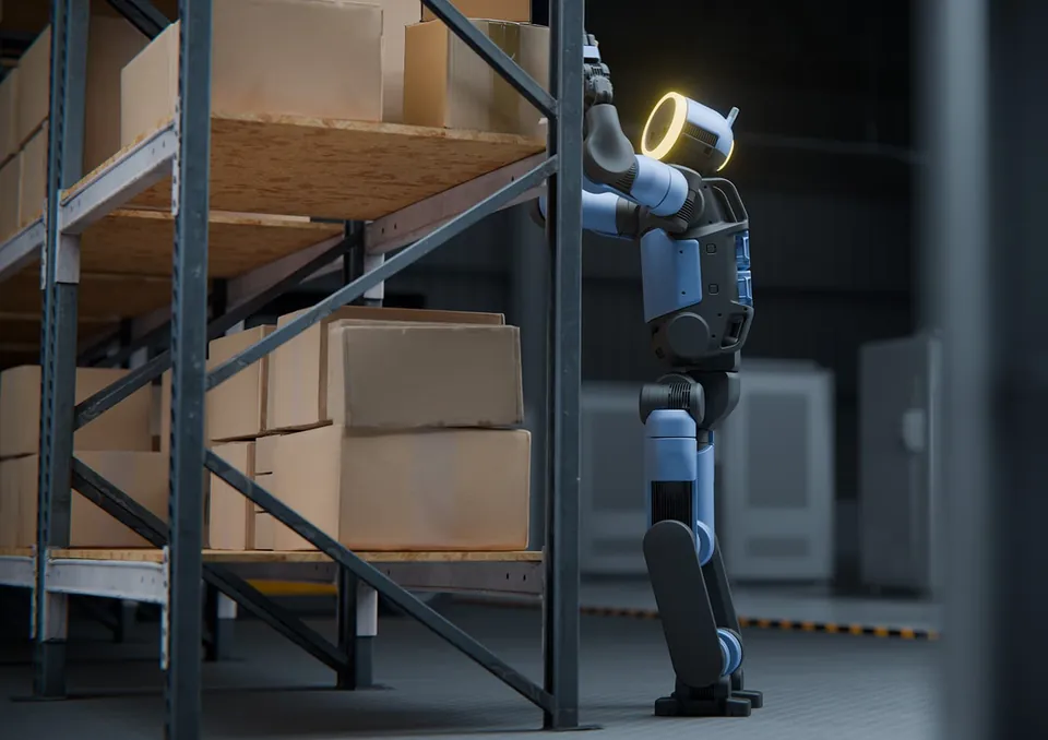 Atlas lifts a tote onto a warehouse shelf