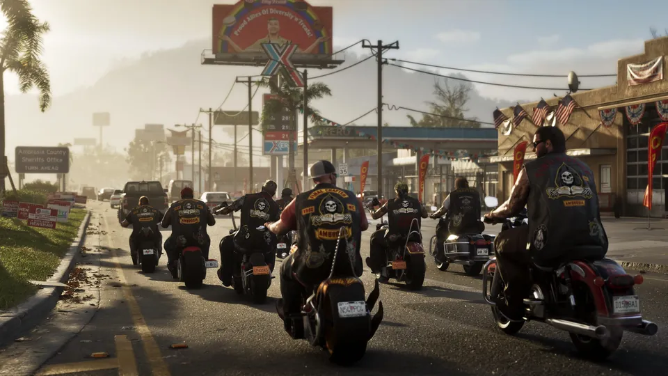 A biker gang rides down a sunny road in Ambrosia in GTA 6