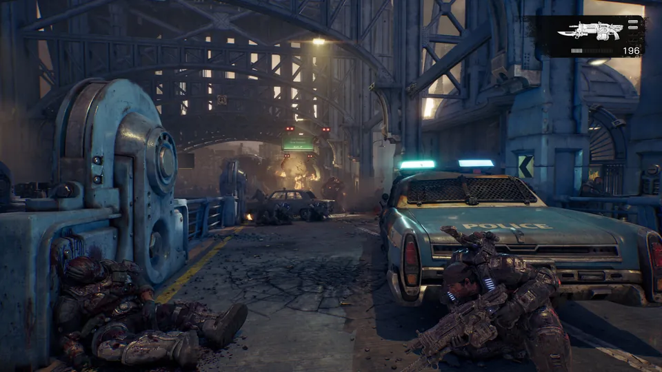 A soldier takes cover behind a police car in a ruined plaza in Gears of War: E-Day