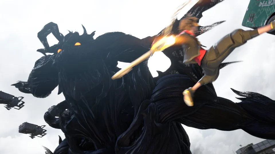 Sora leaps at a giant black Heartless between city towers in Kingdom Hearts IV