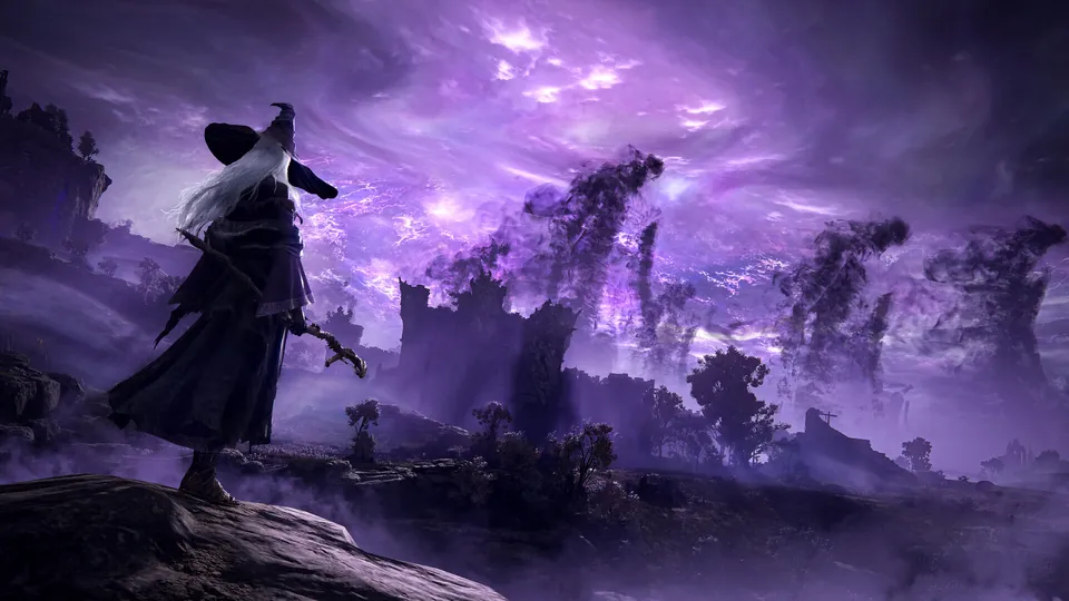 A player in a wide-brimmed hat looks over a ruined land under a purple stormy sky in Elden Ring Nightreign