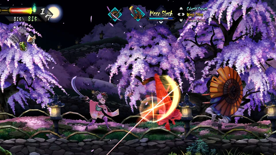 A glowing sword strike cuts through a night battle beneath purple blossoms in Muramasa: Revenant Blades