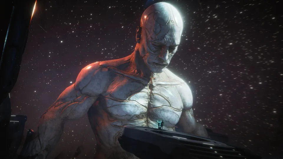 A giant pale humanoid with cracked, veined skin in a starry void, towering over a tiny figure on a dark platform