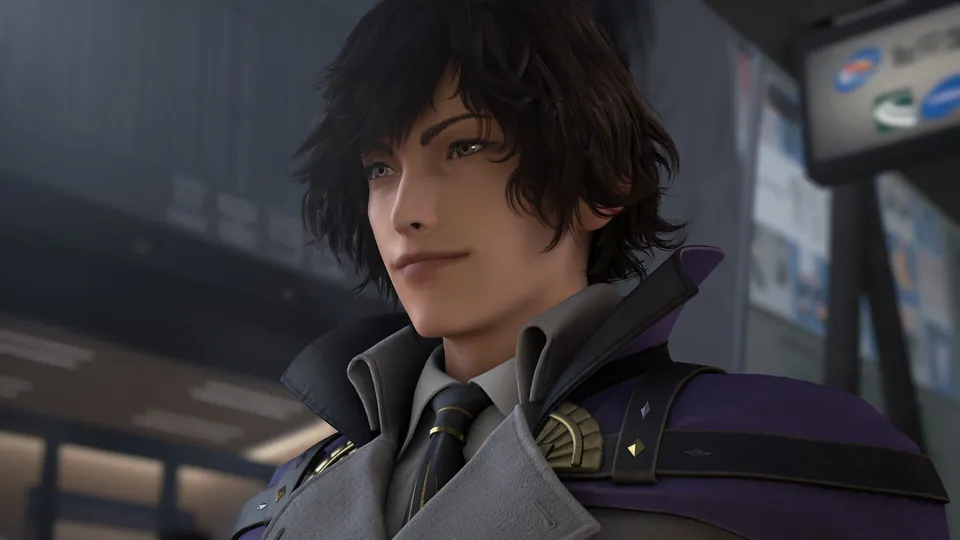 A dark-haired man in a long coat smiles on a Quadratum street