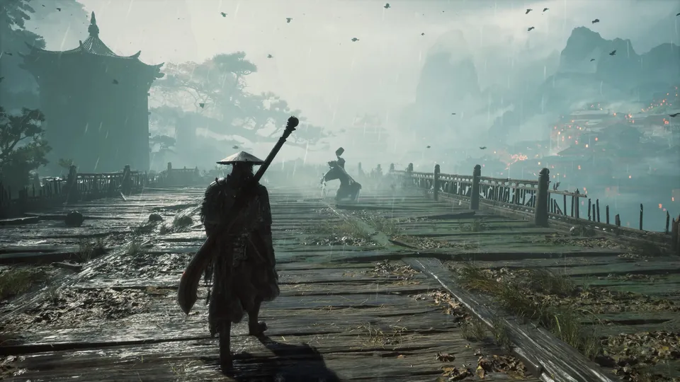 Soul walks along a wet wooden boardwalk toward a pagoda on a misty day in Phantom Blade Zero
