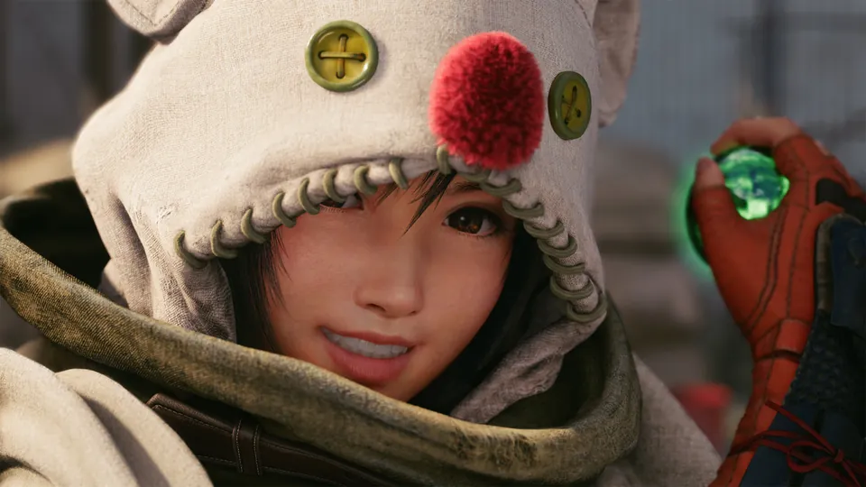 Yuffie Kisaragi grins in a white hooded outfit while holding up a glowing green materia