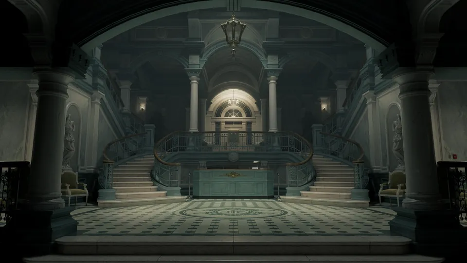 Resident Evil Requiem grand hall with twin staircases and marble columns
