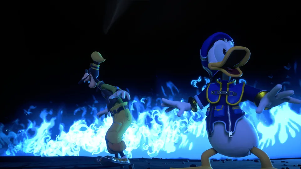 Donald and Goofy strike a pose in front of a wall of blue flames