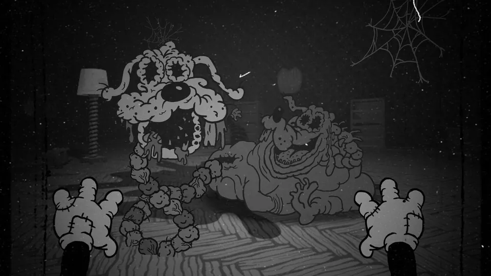 Bad Cheese gameplay: a giant cartoon monster made of mold in a black-and-white room