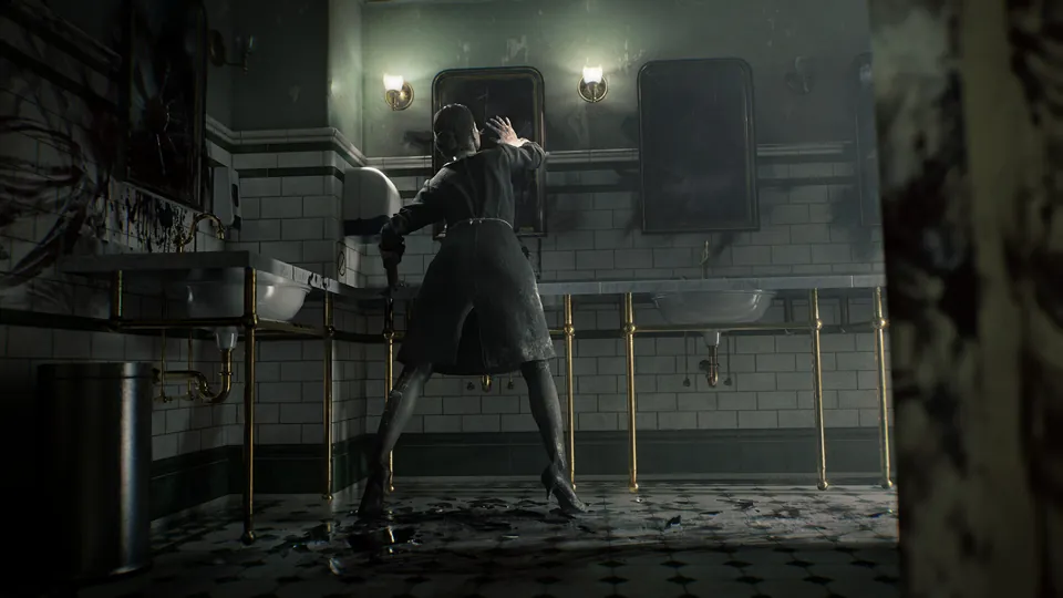 Resident Evil Requiem screenshot: a woman in a dark coat backs away in a bloodstained tiled washroom