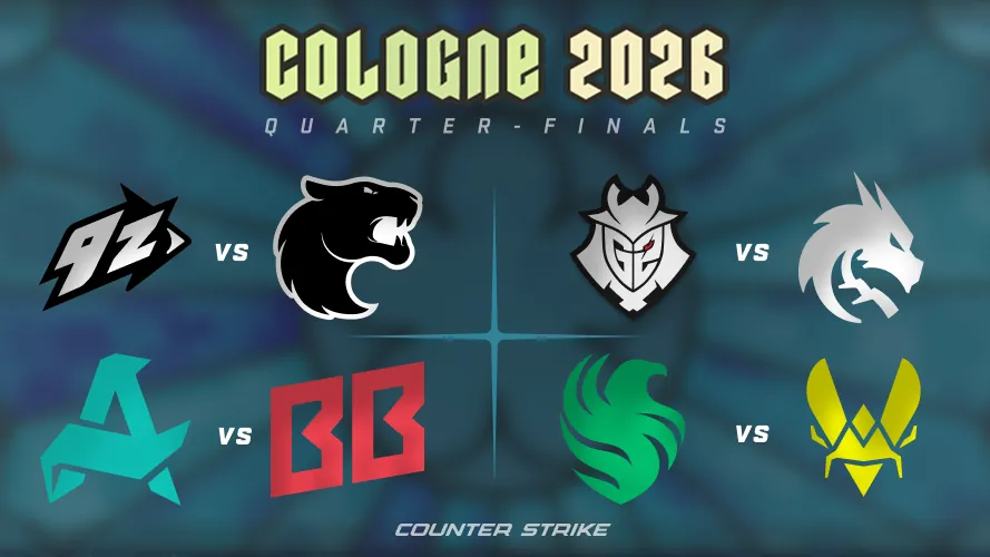The eight team logos of the IEM Cologne 2026 quarterfinals paired off in a bracket