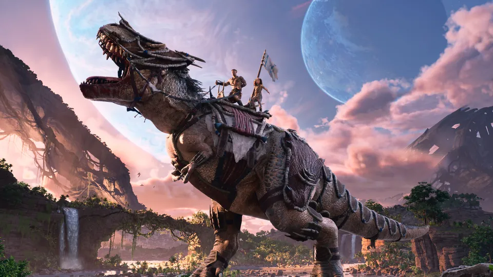 Riders with a banner sit on a giant roaring dinosaur under a huge planet in the sky in ARK 2