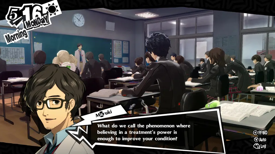 A teacher in glasses asks a question in a sunny classroom full of students