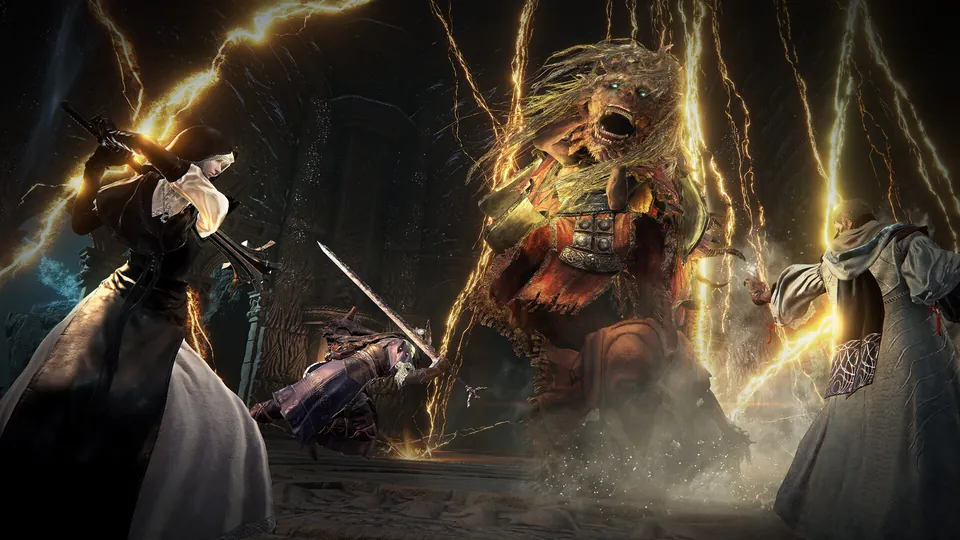 Nightfarers fight a hulking bearded boss surrounded by golden lightning