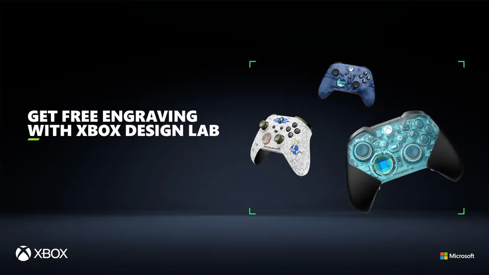 Three custom Xbox controllers under a Get free engraving with Xbox Design Lab headline
