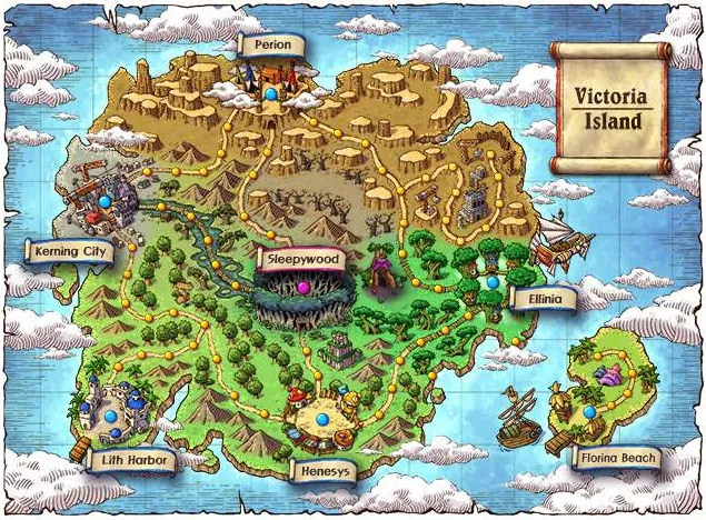 Illustrated map of Victoria Island in MapleStory Classic World with Perion, Ellinia, Henesys, Kerning City and Lith Harbor