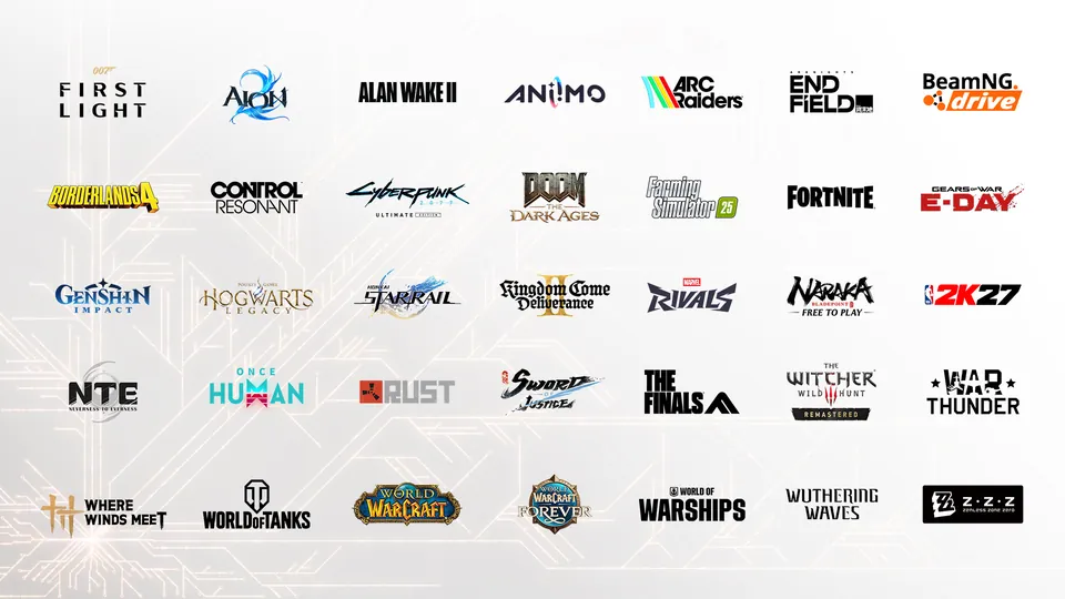 Logos of games Nvidia lists as ready for RTX Spark, including Fortnite, Cyberpunk 2077, Doom: The Dark Ages, Marvel Rivals and NBA 2K27