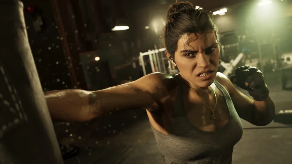 Lucia Caminos throws a punch in a dim gym in Grand Theft Auto VI