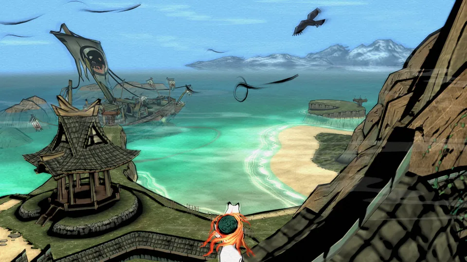 Amaterasu looks out over a turquoise bay with a shrine and islands in Okami HD